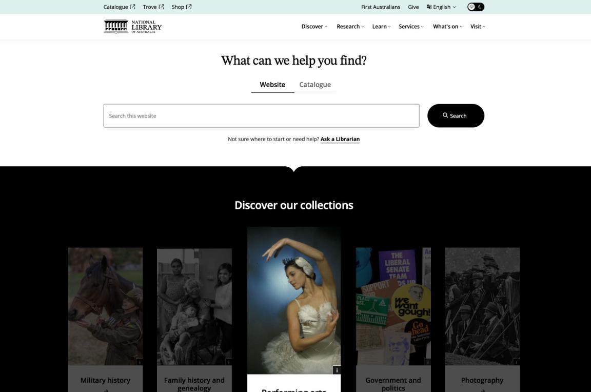 A screenshot of the Library's homepage dispalying the top banner, logo, navigation menu, search field anmd collections cards