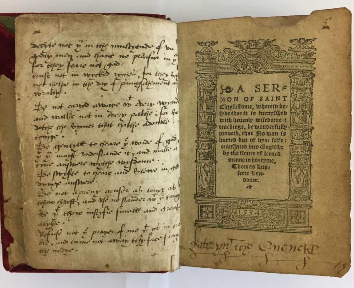 Katherine Parr’s handwriting and signature in a copy of A Sermon of Saint Chrysostom