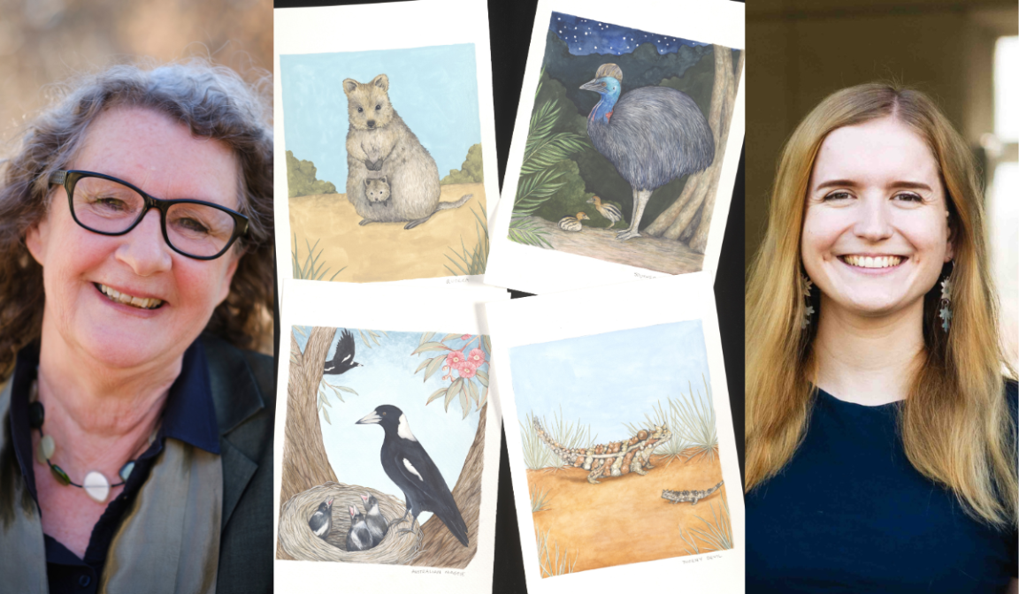 Coloured image featuring headshots of two women smiling at the camera. In the middle of the image is a collection of four sketches of Australian animals. 