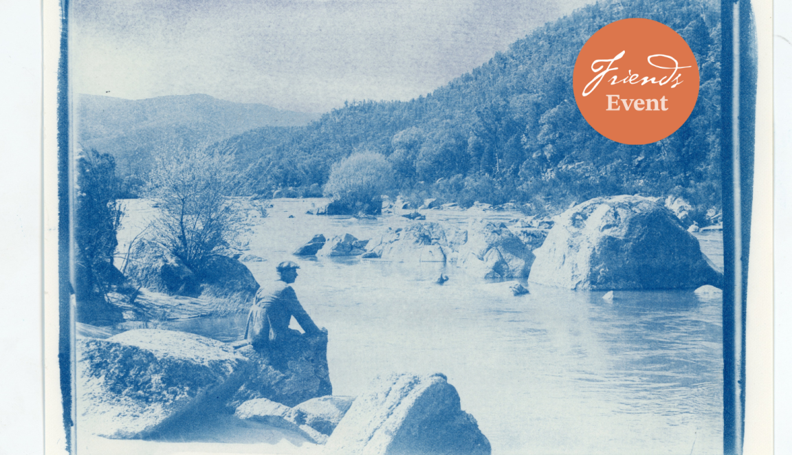 Blue and white cyanotype printed photo of a man sitting on a rock by a river. Photoshopped in on the top right is an organe circle reading 'Friends event'