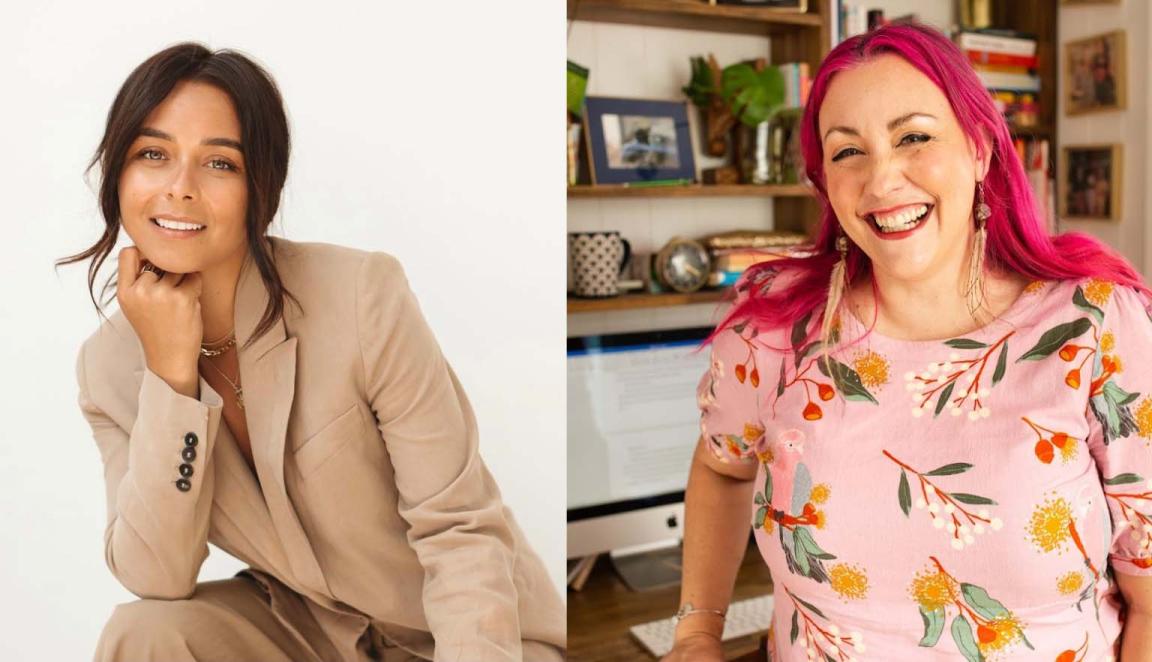 On the left is a smiling woman with brown hair. On the right is a smiling woman with pink hair.