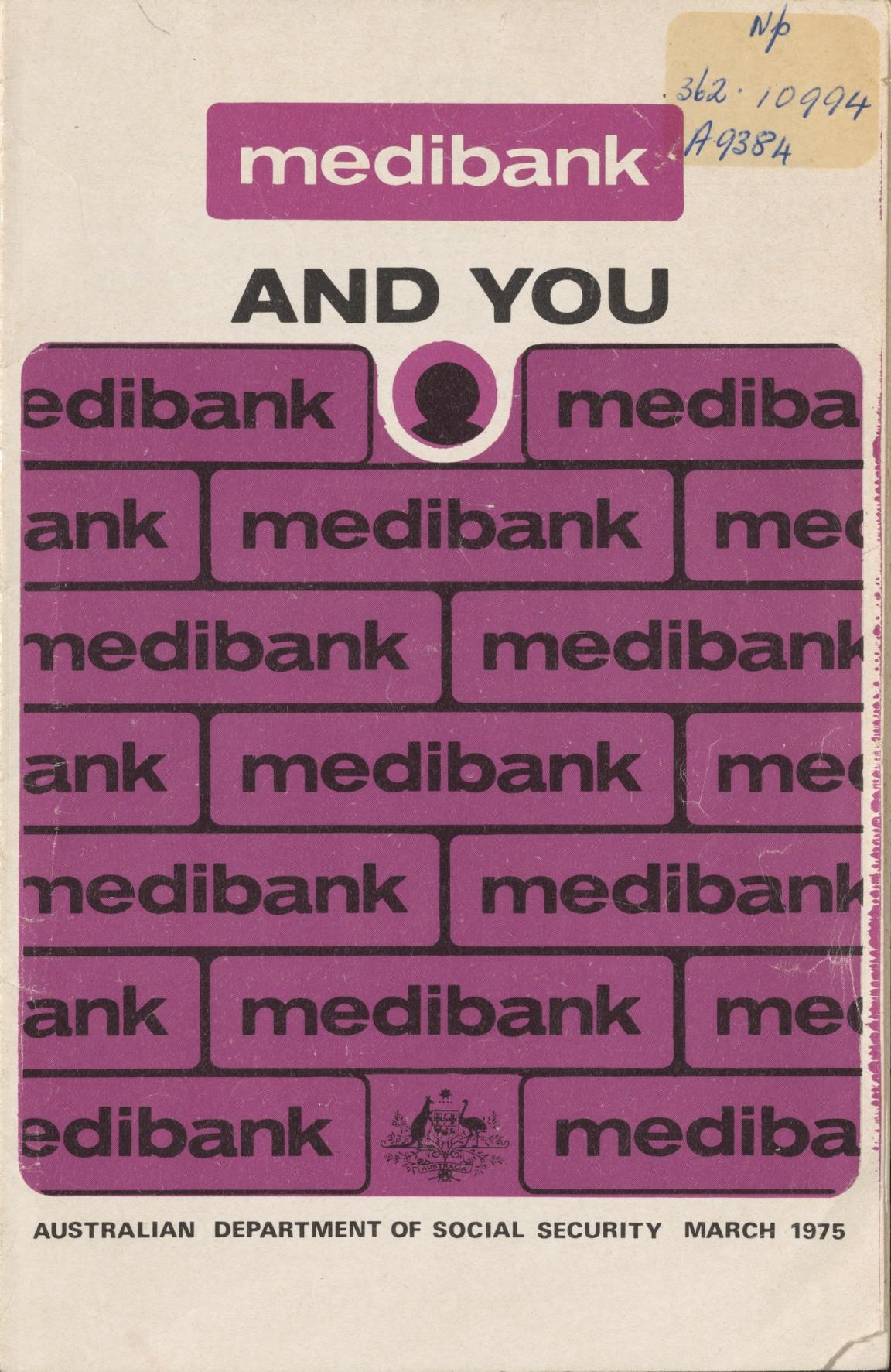 Book cover for 'Medibank and You' which features the word 'Medibank' several times and a pink, black and cream colour scheme
