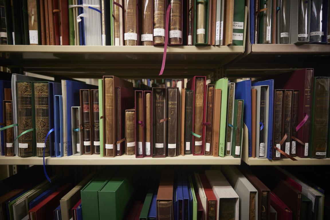 Books and octavos of various colours and binding from the Ferguson Collection on shelves