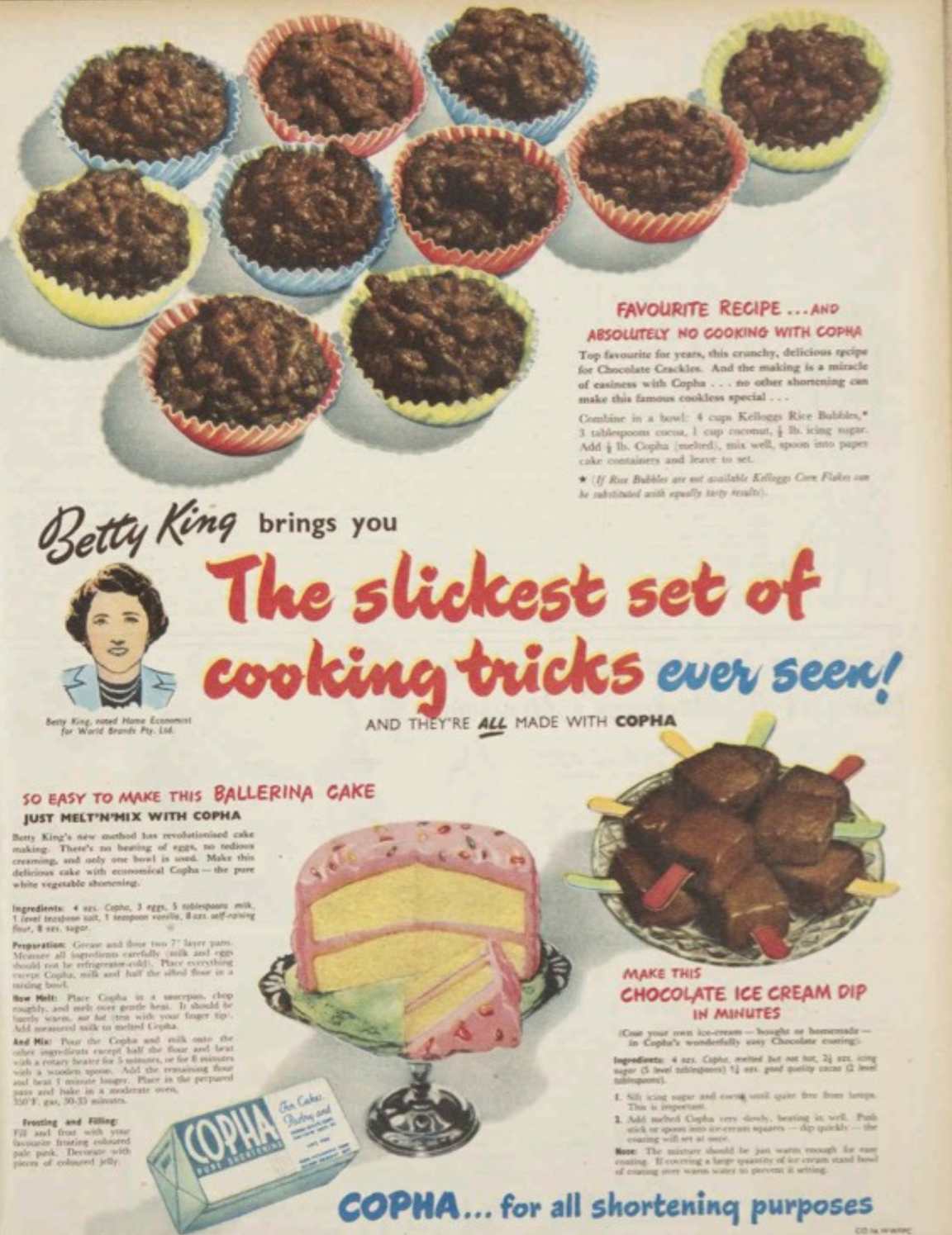 Advertisement for Copha featuring an illustration of several chocolate crackles and text reading 'The slickest set of cooking tricks you've ever seen!/