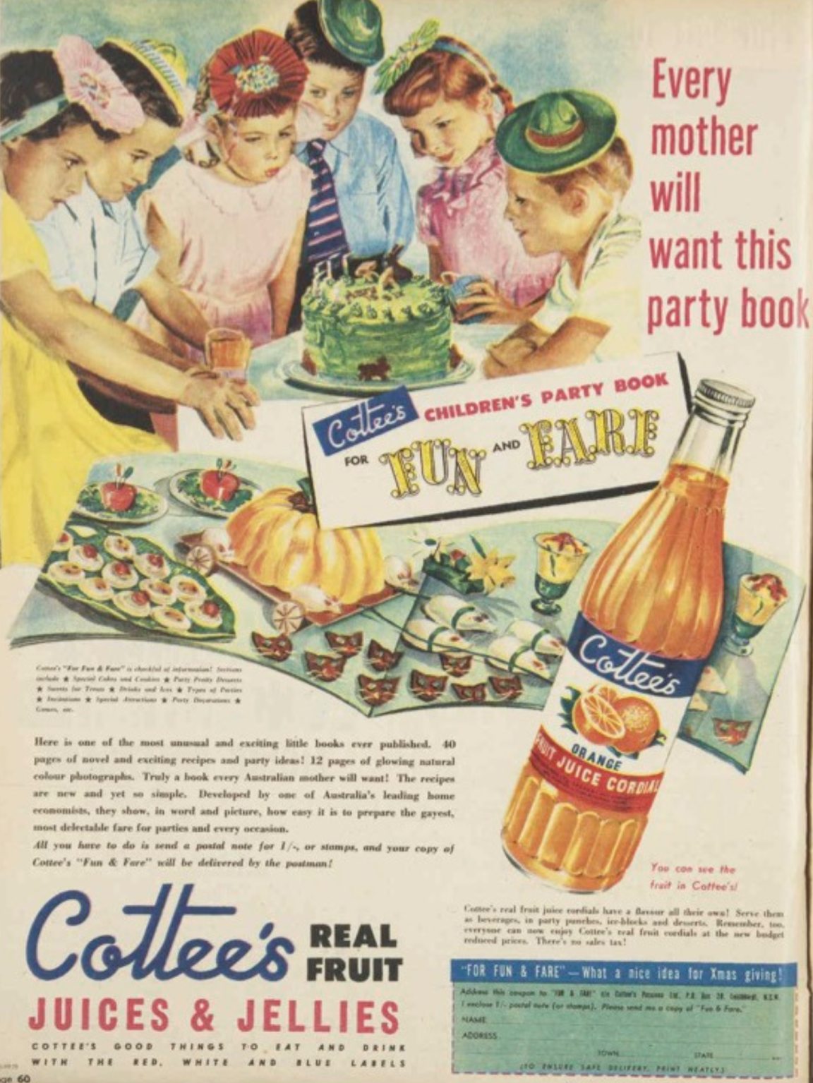 Advertisement for the Cottee's 'Children's Party Book' featuring an illustration of a kid's birthday party with a snack table full of Cottee's products and text reading 'Every mother want's this party book'