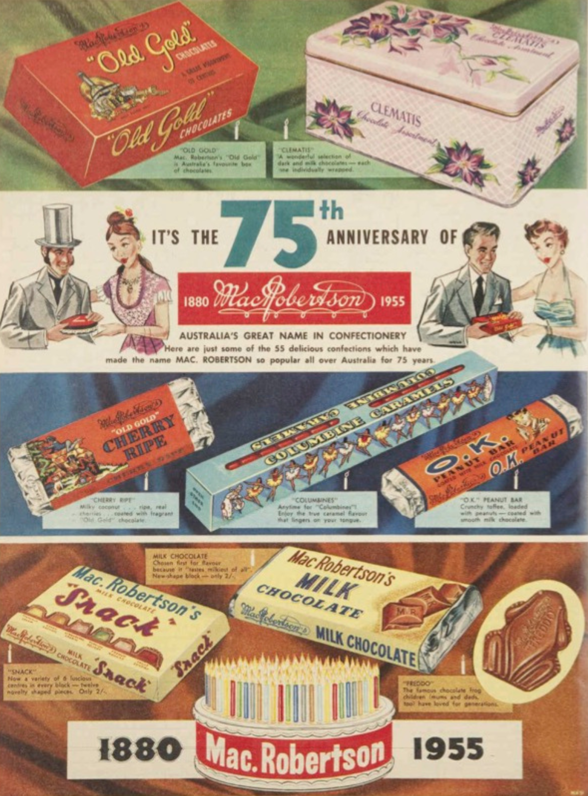 Advertisement for Macrobertson's chocolate for their 75th anniversary with illustrations of their various chocolates