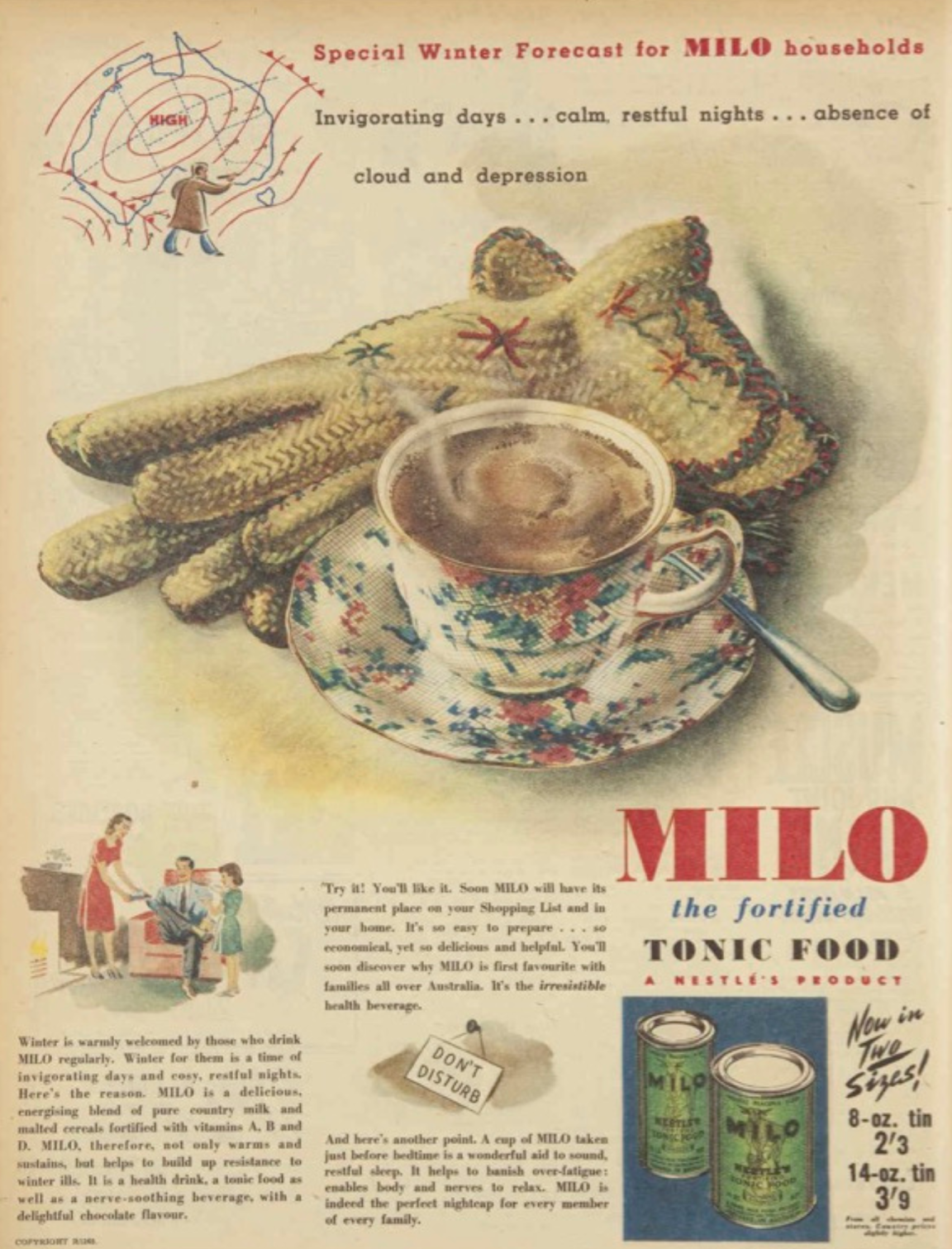 Advertisement for Milo with an illustration of a steaming cup of Milo sitting next to a pair of winter gloves