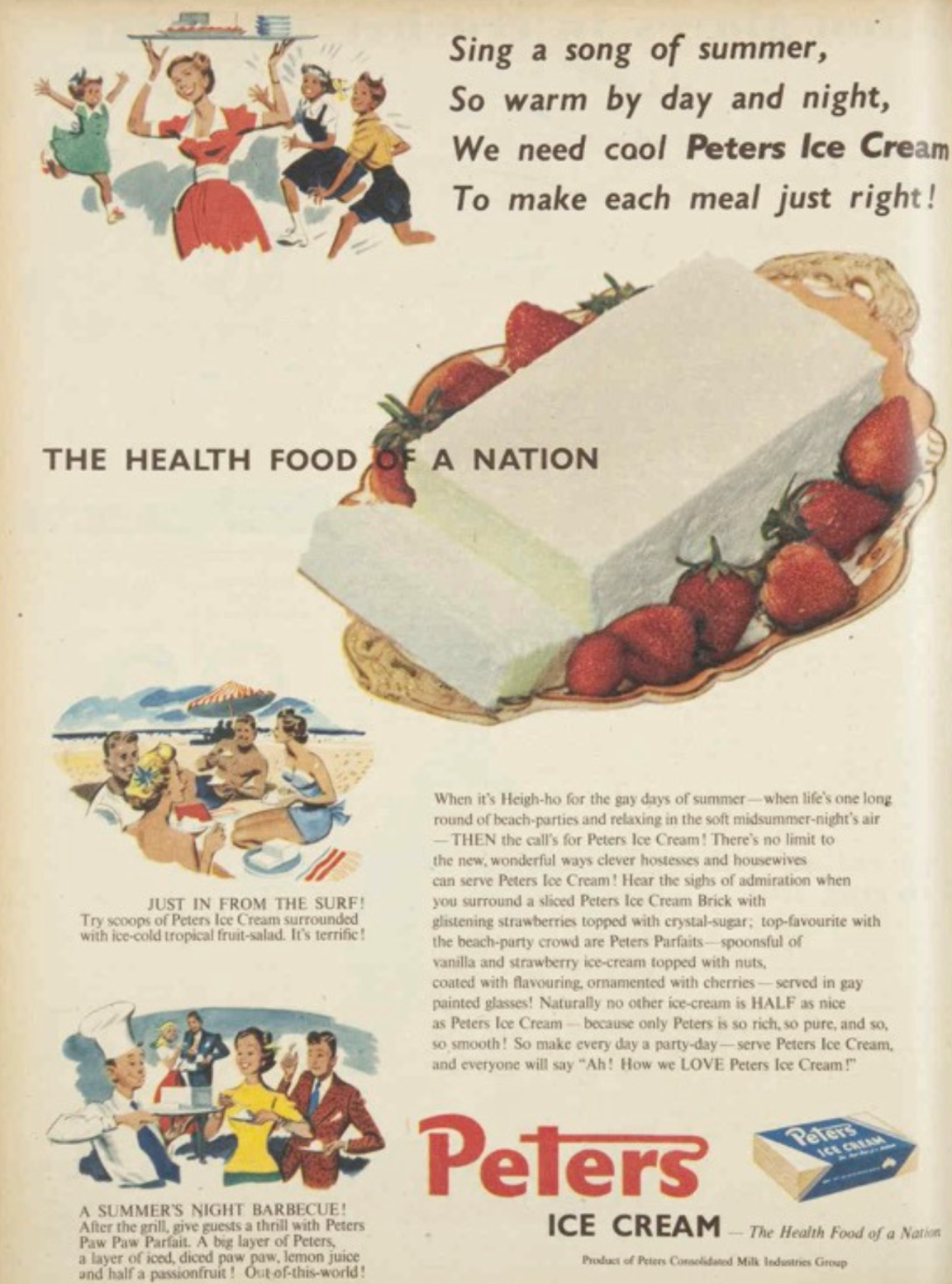 Advertisement for Peter's ice cream with text reading 'Sing a song of summer, So warm by day and night, We need cool Peters Ice Cream To make each meal just right!'