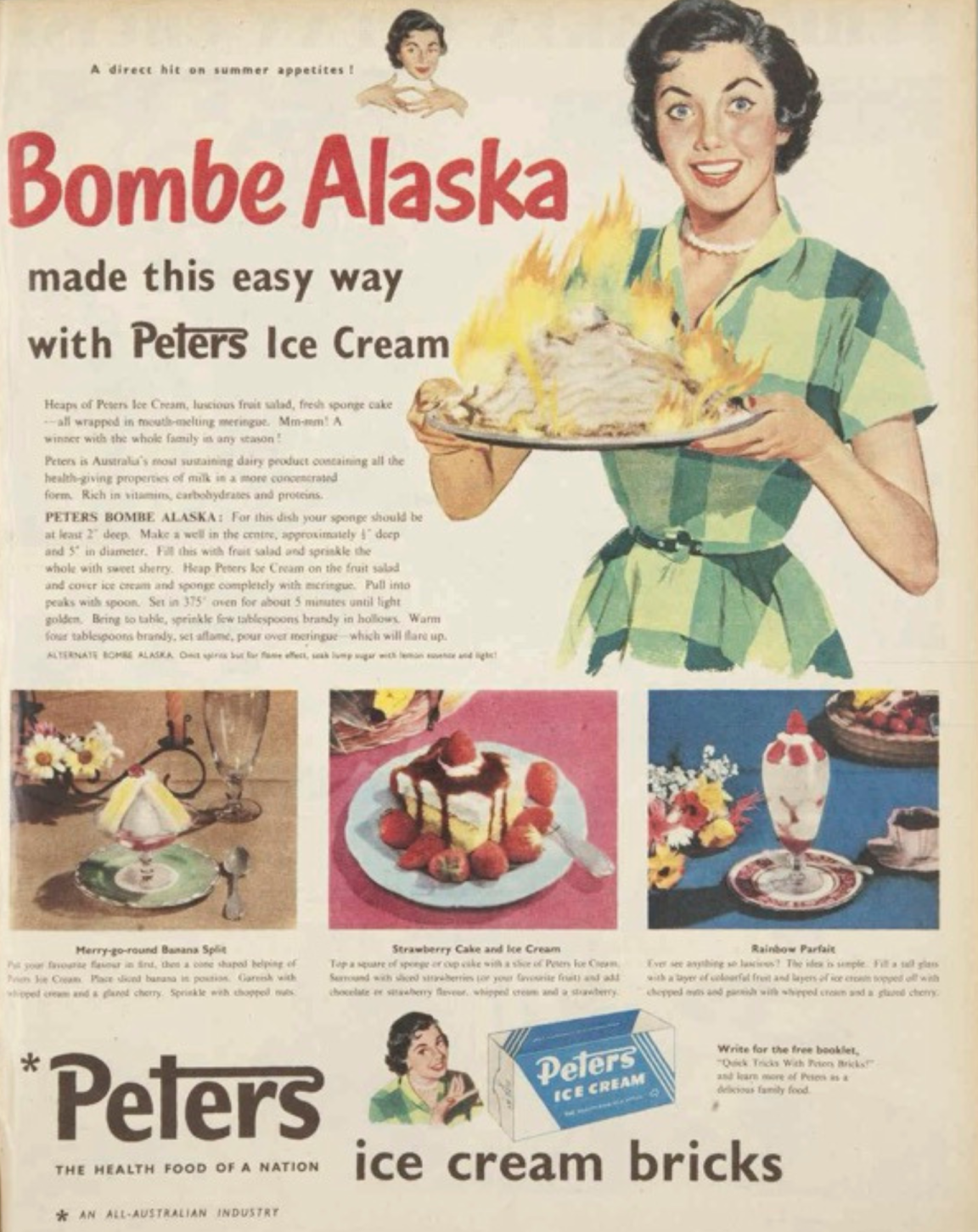 Advertisement for Peter's ice cream featuring an illustration of, and recipe for, Bombe Alaska
