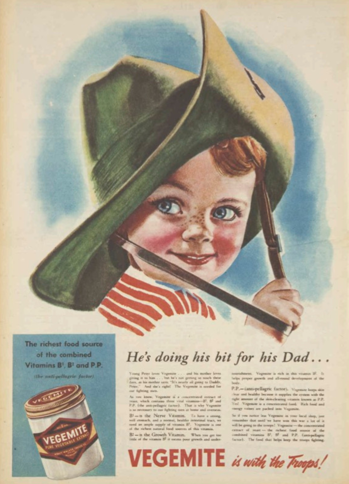 Advertisement for Vegemite featuring an illustration of a small child wearing a large military hat