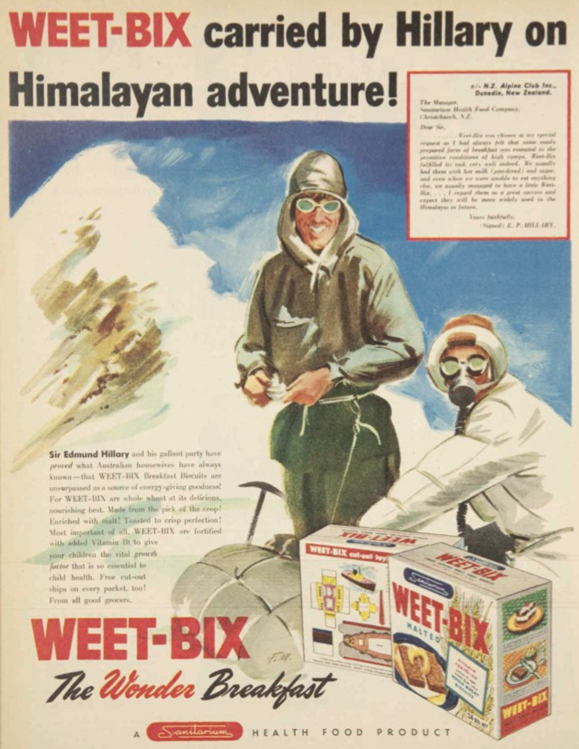 Advertisement for Weet-Bix with an illustration of Sir Edmund Hilary on a snowy mountain with text reading 'WEET-BIX carried by Hillary on Himalayan adventure!'