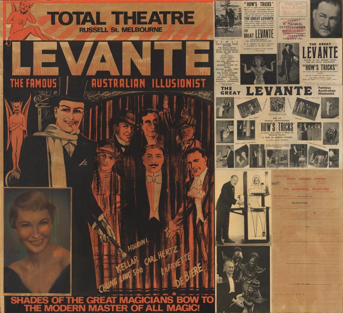Poster, photos and newspaper cuttings about The Great Levante, an illusionist