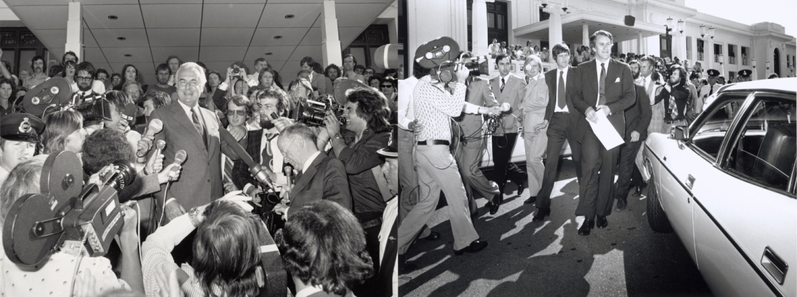 Black and white photo of Gough Whitlam speaking at Parliament House surrounded by reporters and black and white photo of Malcolm Fraser walking in front of Parliament House followed by a crowd including journalists and photographers