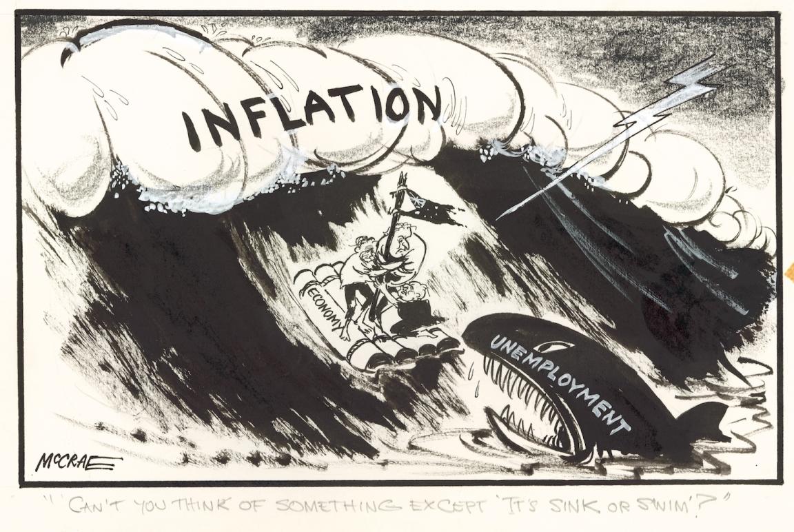 Black and white cartoon depicting Australian politicians on a small raft labelled 'Economy' in the ocean about to be overcome by a large wave labelled 'Inflation' adn facing a sharked labelled 'Unemployment'