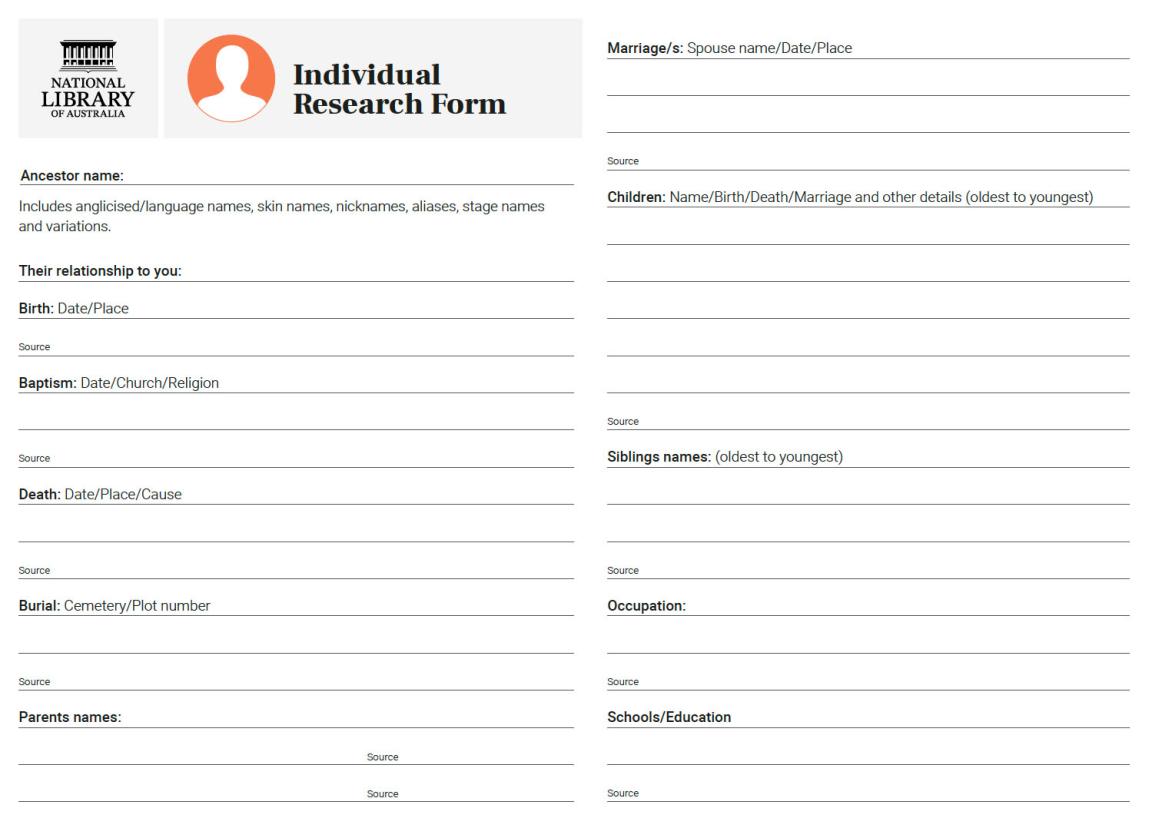 First page of the Library's Individual Research Form which has places to add information on an ancestor such as birth date/place, parents names, children, occupation and school/education