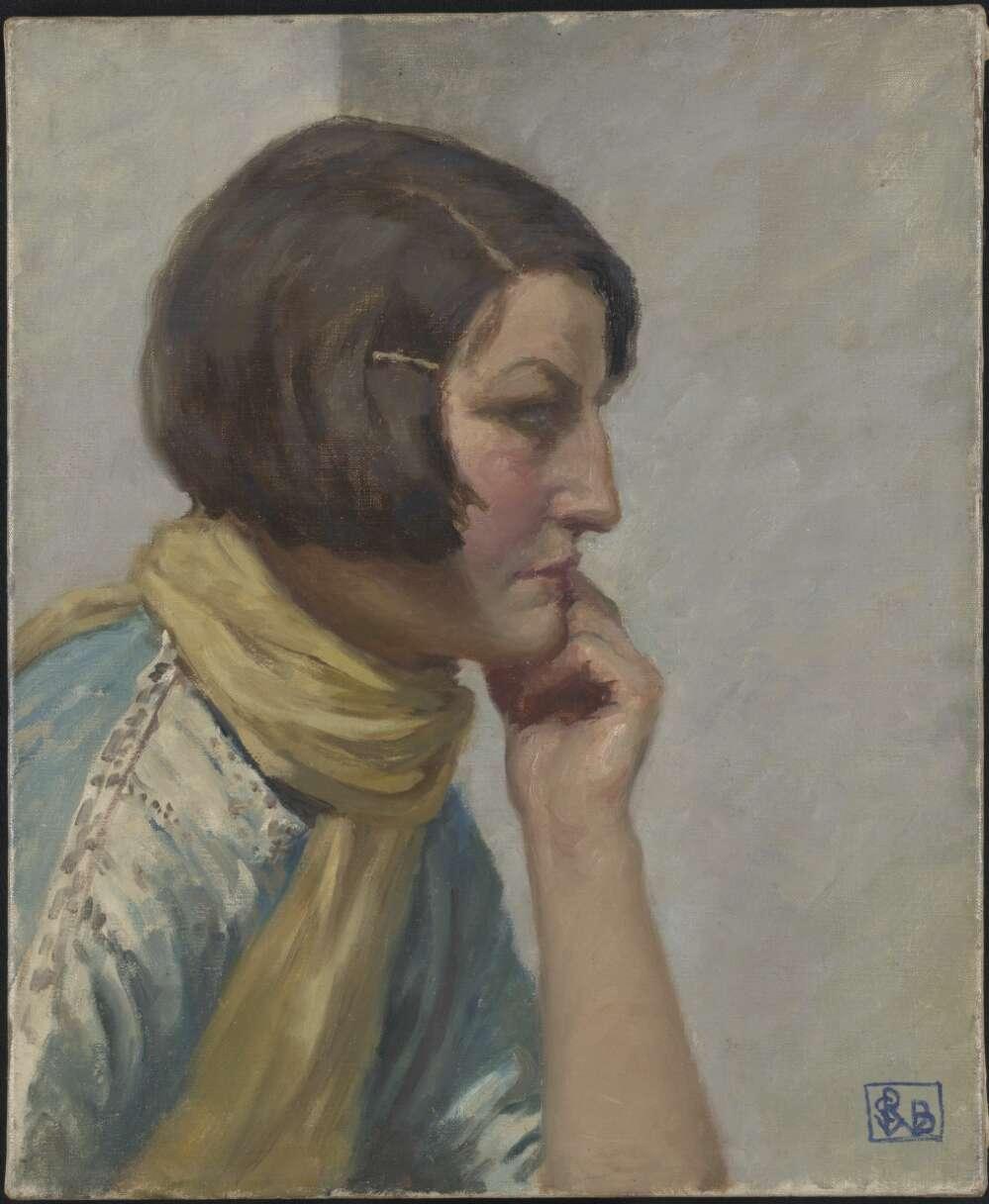 Muted oil painting of a short dark haired woman wearing a yellow scarf and light blue shirt.  