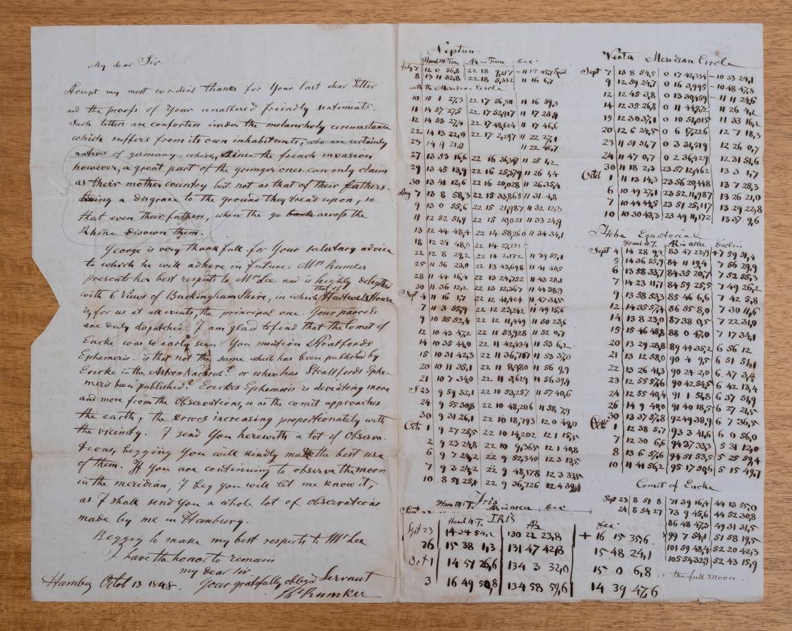Letter with text and tables of astronomical observations including Neptune, Vesta and the Comet of Encke.