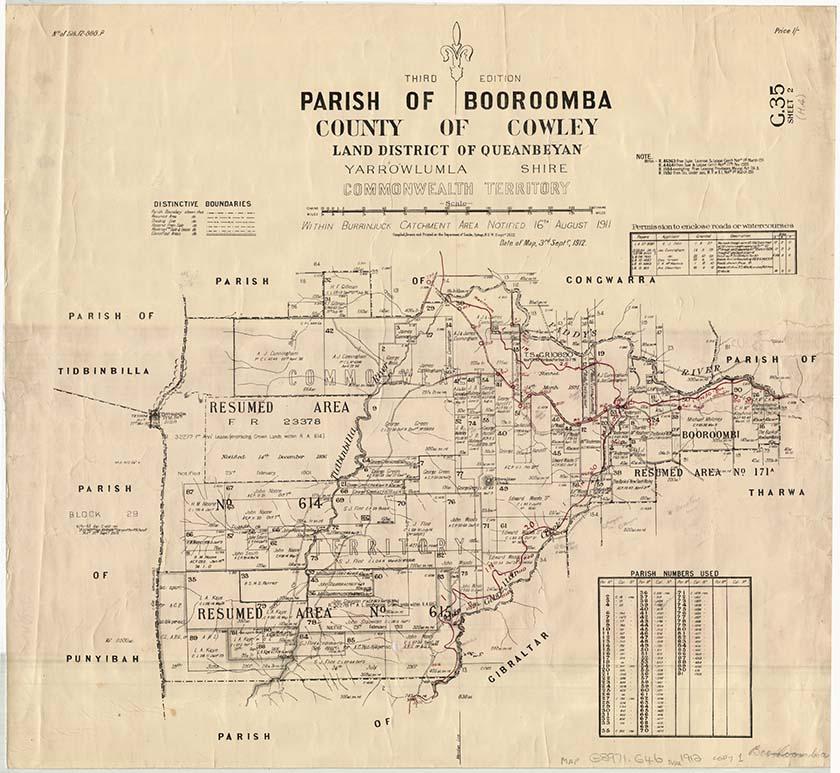 1912 map of the Parish of Booroomba, County of Cowley Land District of Queanbyan, Yarrowlumla Shire, Commonweath territory