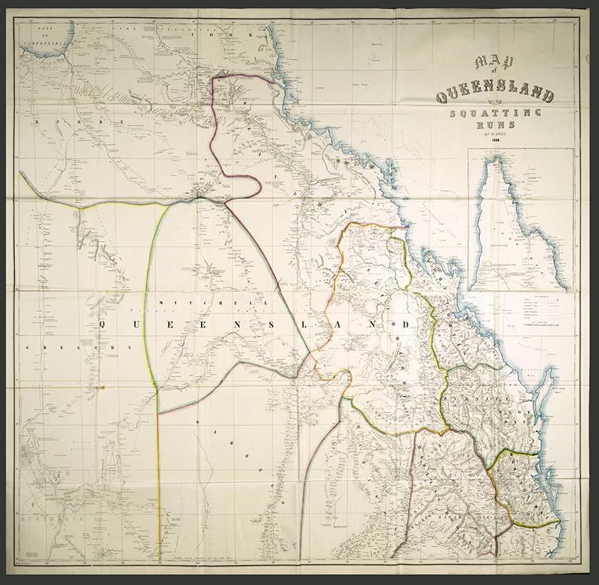 1866 map of Queensland showing squatting runs