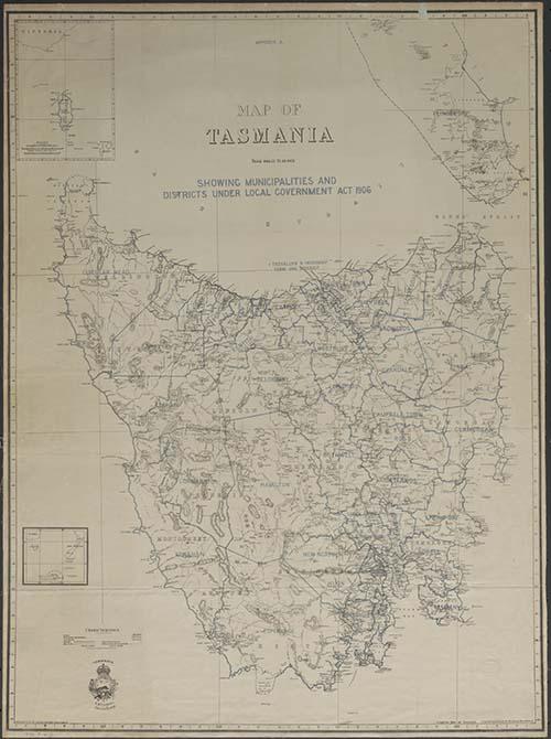1806 map of Tasmania showing municipalities and districts