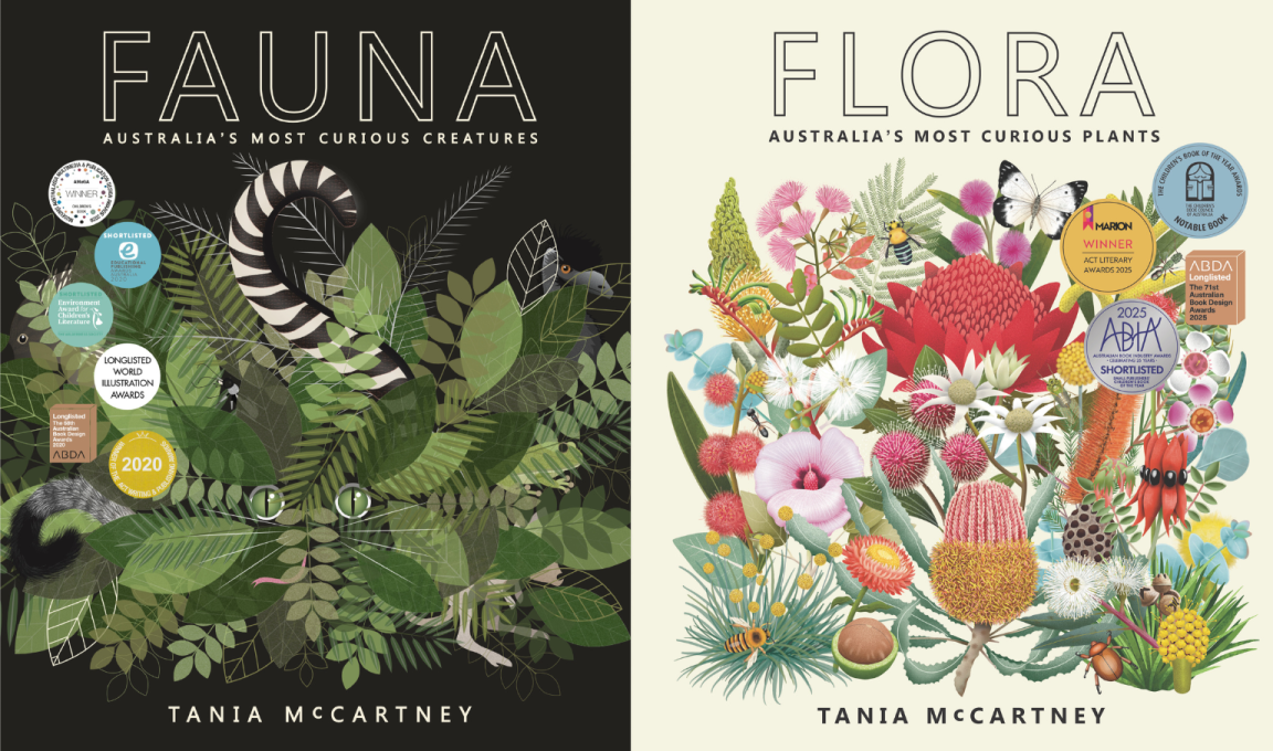 Covers for books 'Fauna' and 'Flora' featuring colourful illustrations