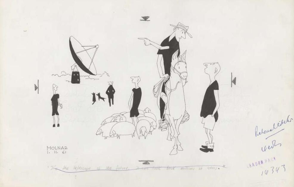 Cartoon of a group of men and farm animals looking at a radio telescope.