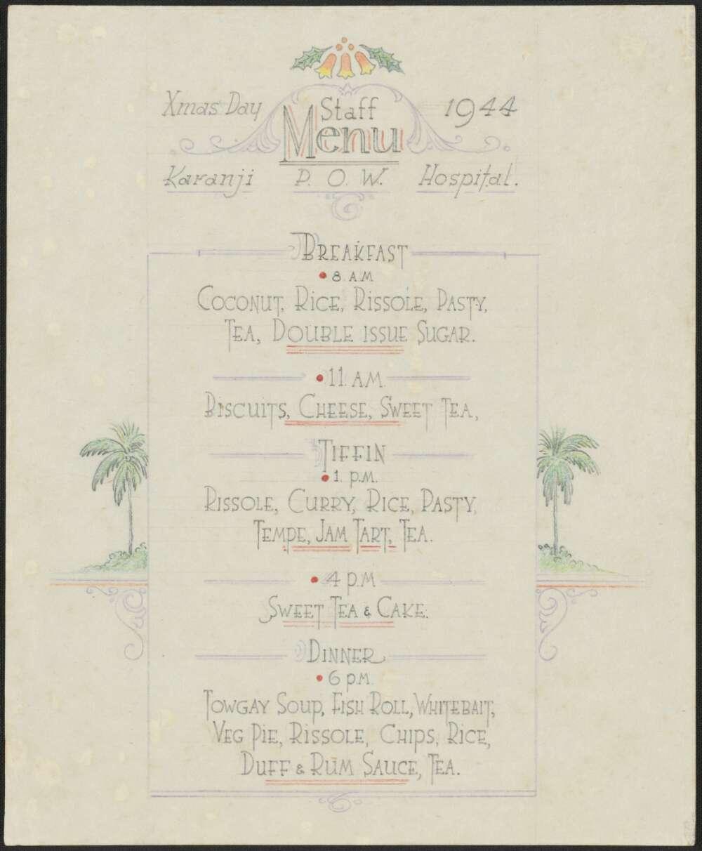 Handwritten Christmas menu with 5 meals for the whole day