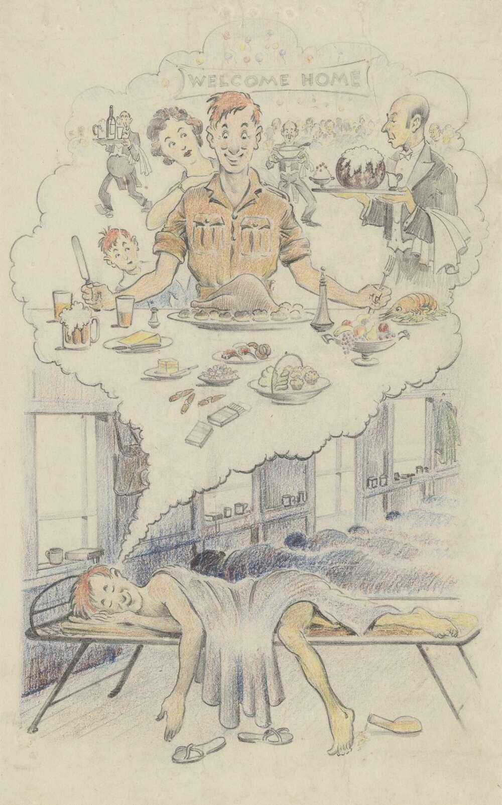 illustration of a man sleeping in a POW camp with a dream bubble above his head showing the same man sitting down to a large meal with family around him