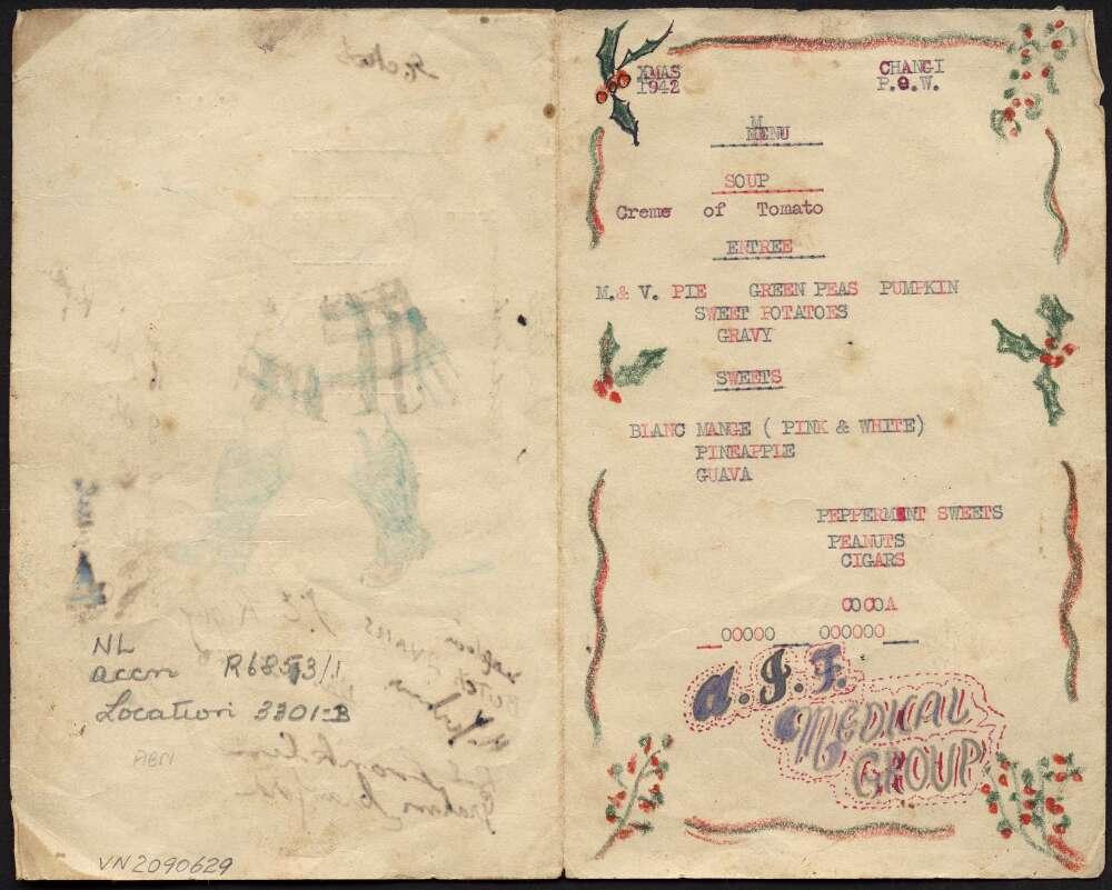 Handwritten Christmas menu with soup, entree and sweets