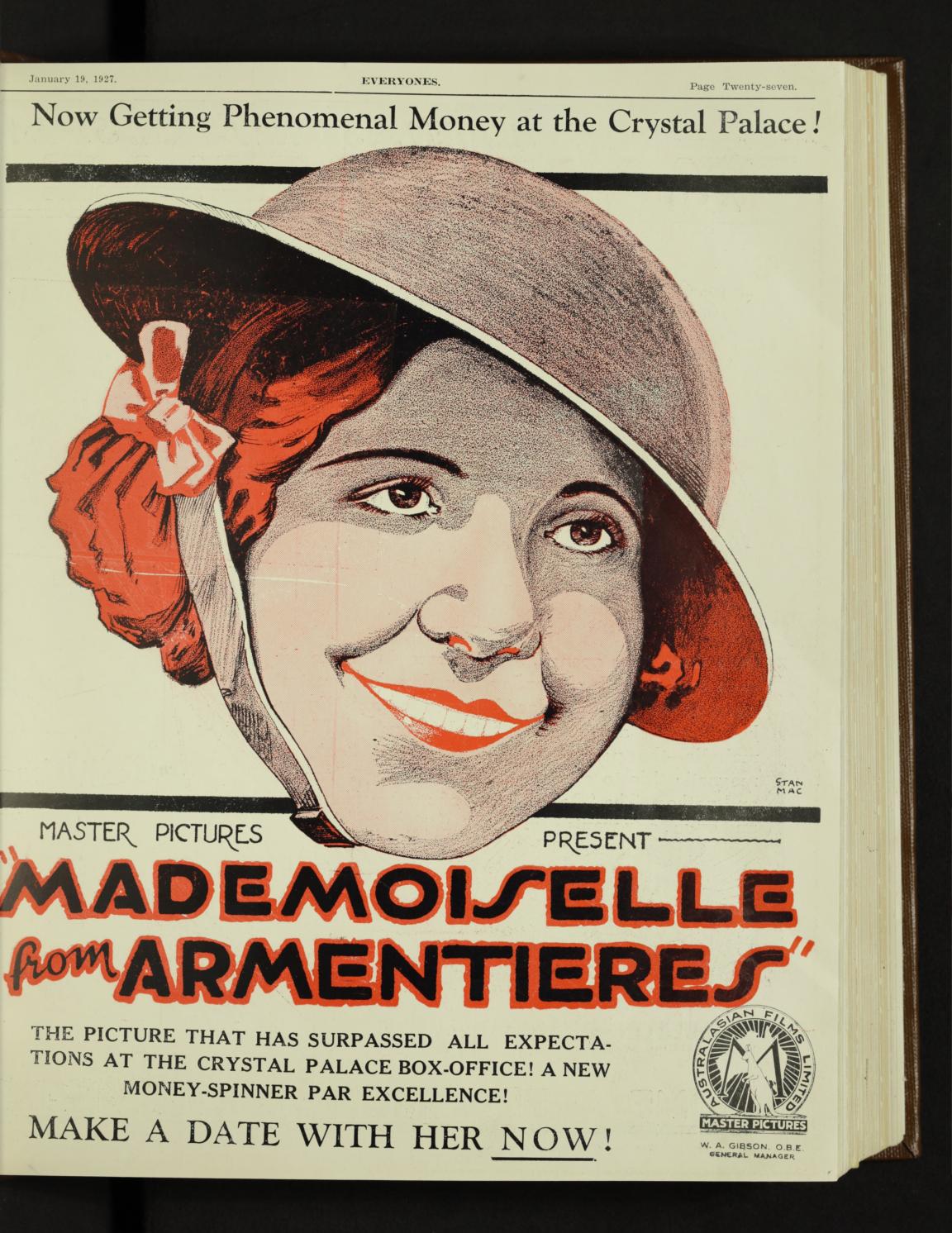 illustrated movie poster for Mademoiselle from Armentieres showing a women with a woman wearing an army helmet