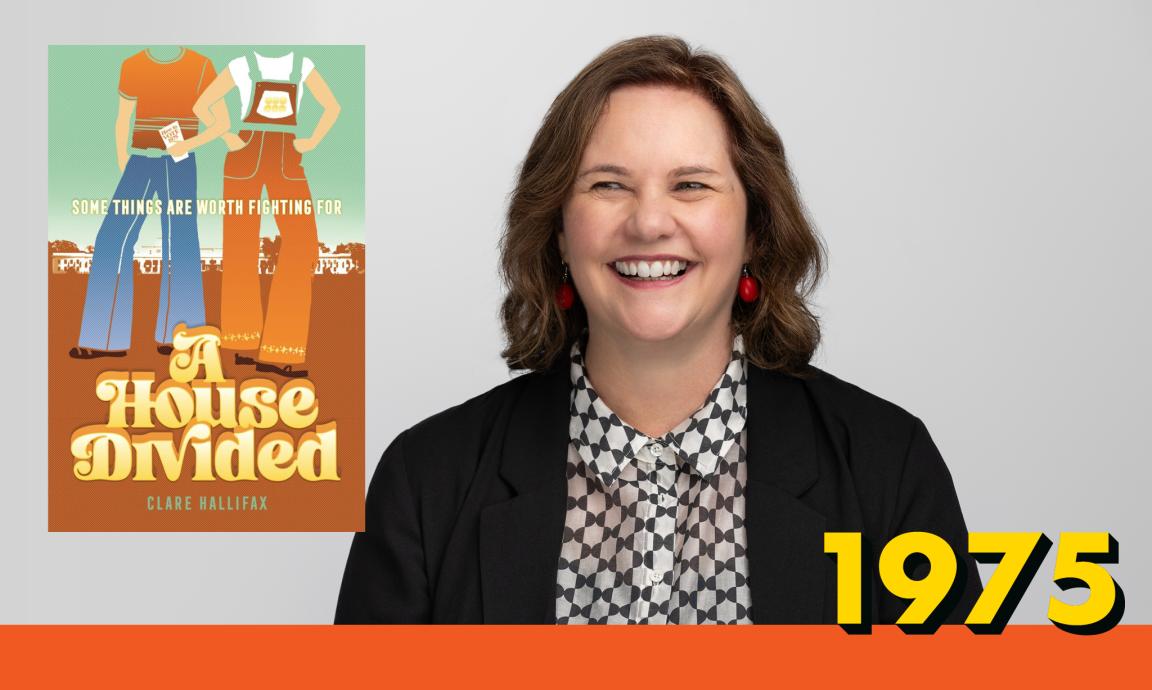 Book cover for A House Divided, headshot of Clare Hallifax and the 1975 exhibition branding