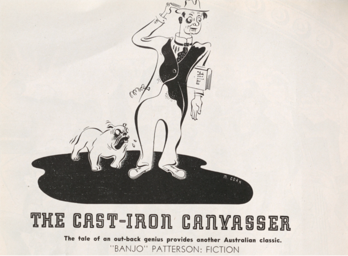 Advertisement for Paterson's Cast Iron Canvasser featuring black and white illustration of a man and a dog, with accompanying text elements including the book title and brief review