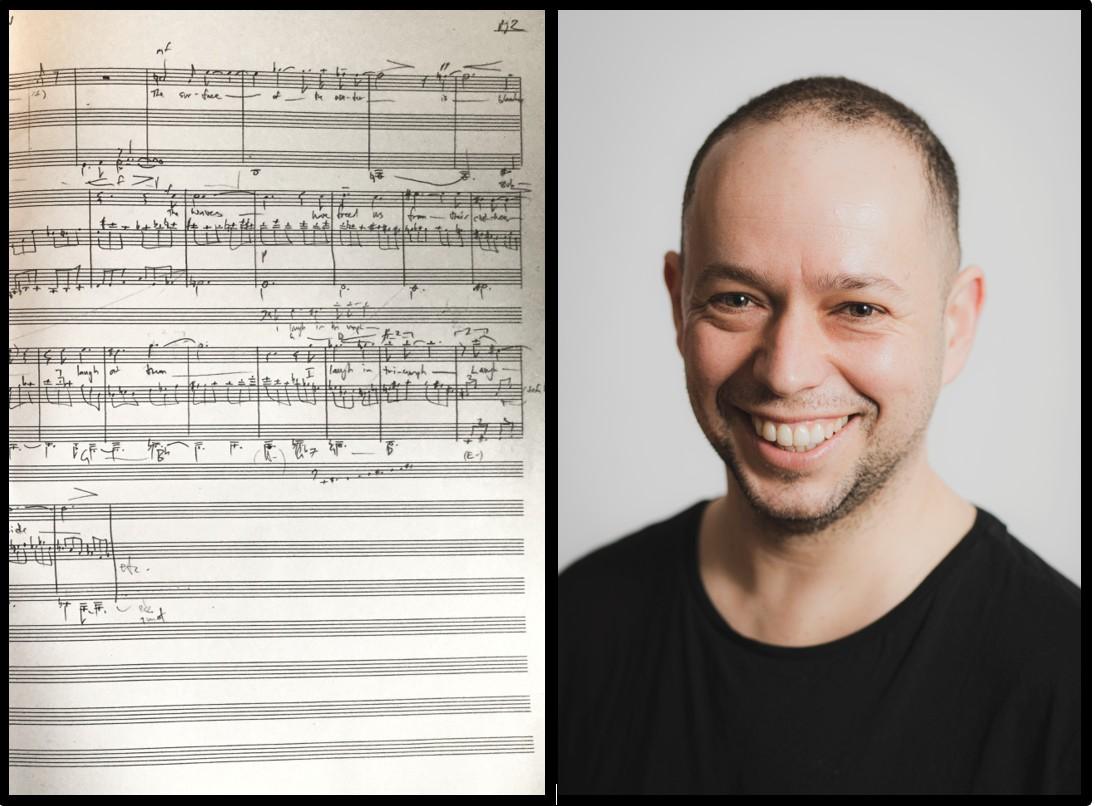 A page of handwritten music notations with composer Luke Styles wearing a black t-shirt