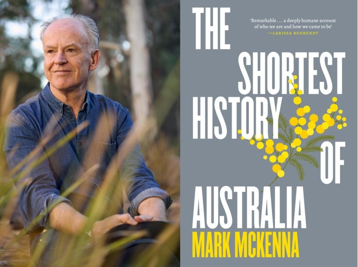 Author Mark McKenna standing in grass wearing a blue shirt, and book cover of The Shortest History of Australia