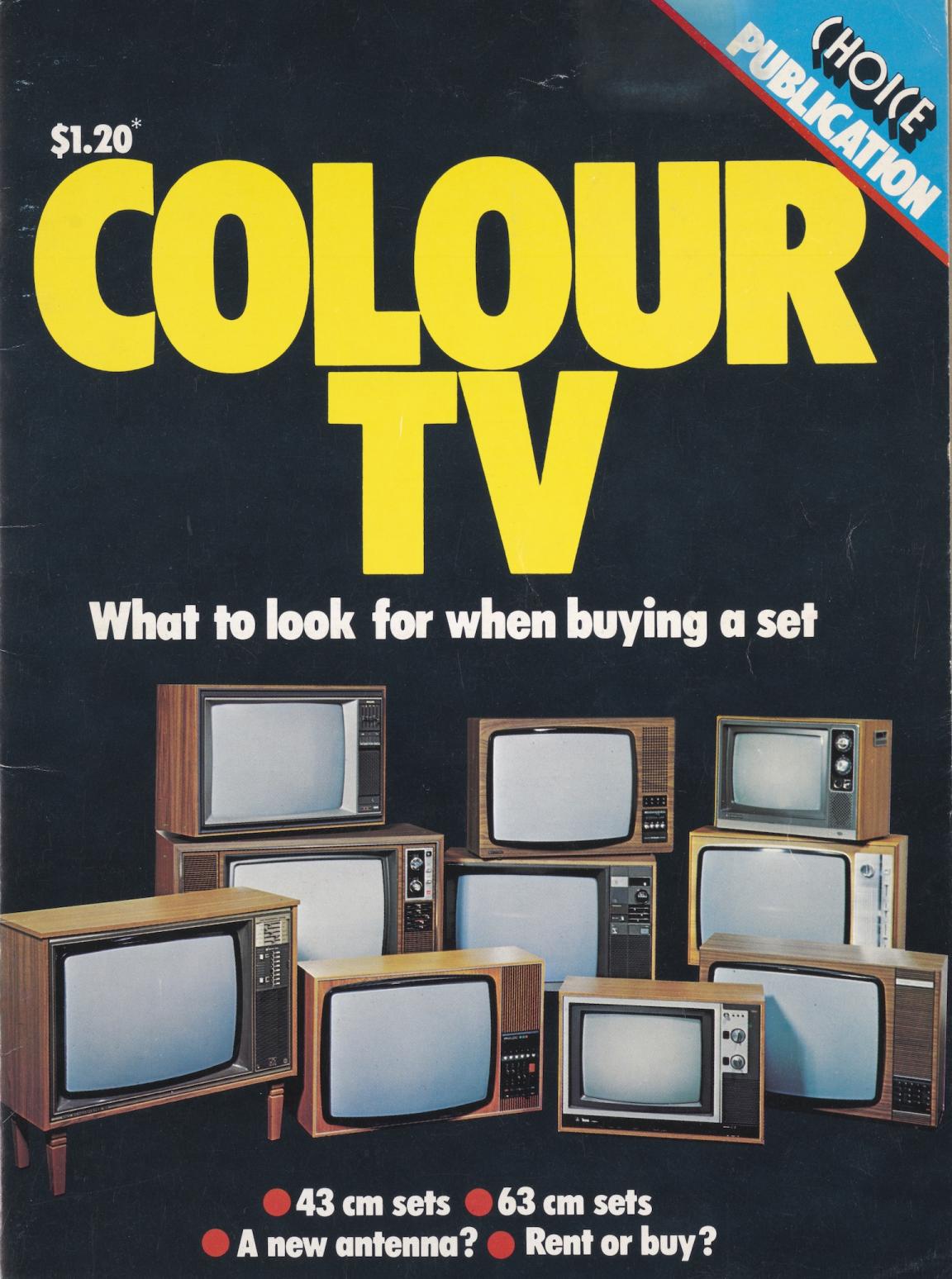 A publication showing a range of new colour televisions with the words Colour TV, what to look for when buying a set