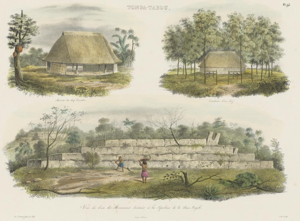 Three illustrations: the first of Chief Lavaka's house, the second of his tomb and the third of two men building a monument