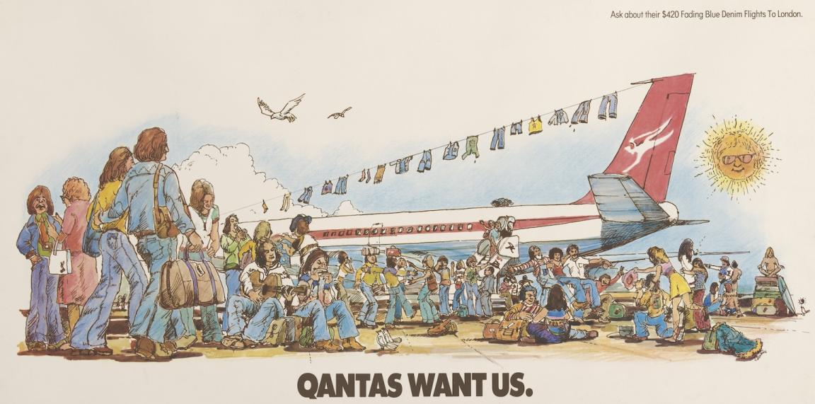A colour poster showing people surrounding a Qantas Jumbo Jet in 1970s fashion with the words ‘Qantas want us’