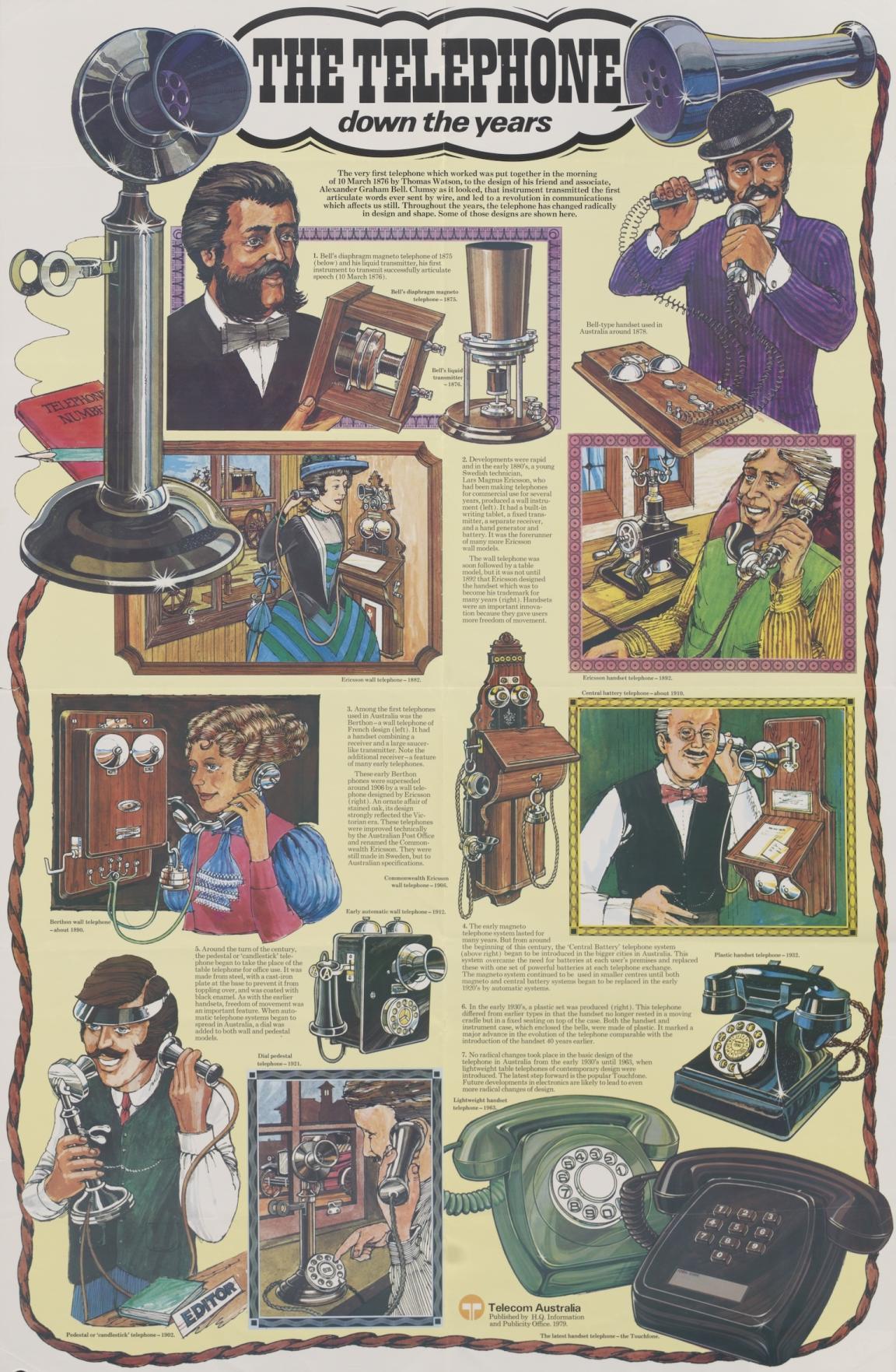 A colour poster showing different designs of telephone throughout history