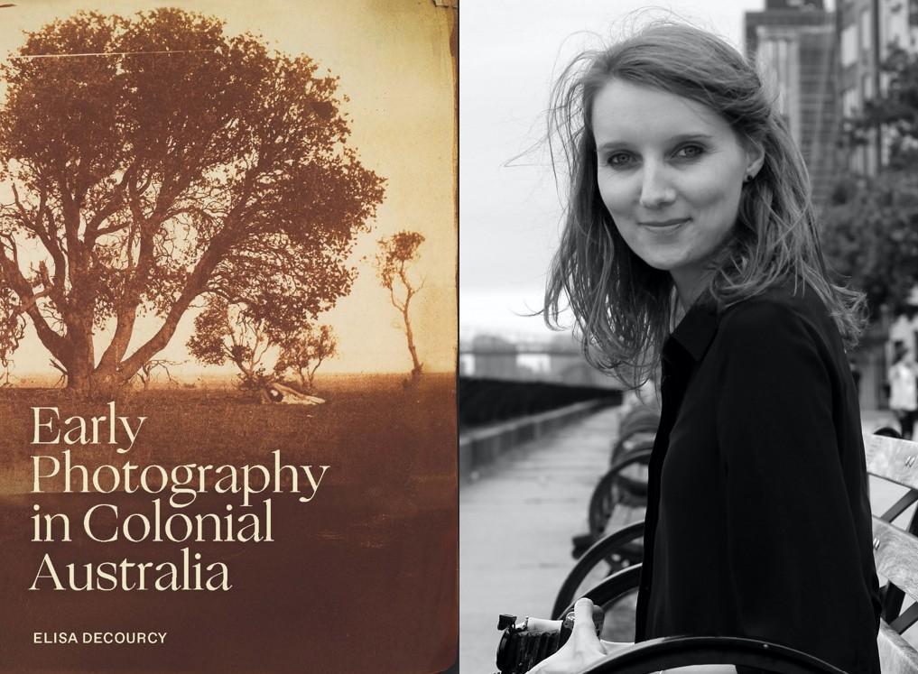 Book cover with sepia toned photograph of a gum tree, alongside photo of author Eliza deCourcy holding a camera