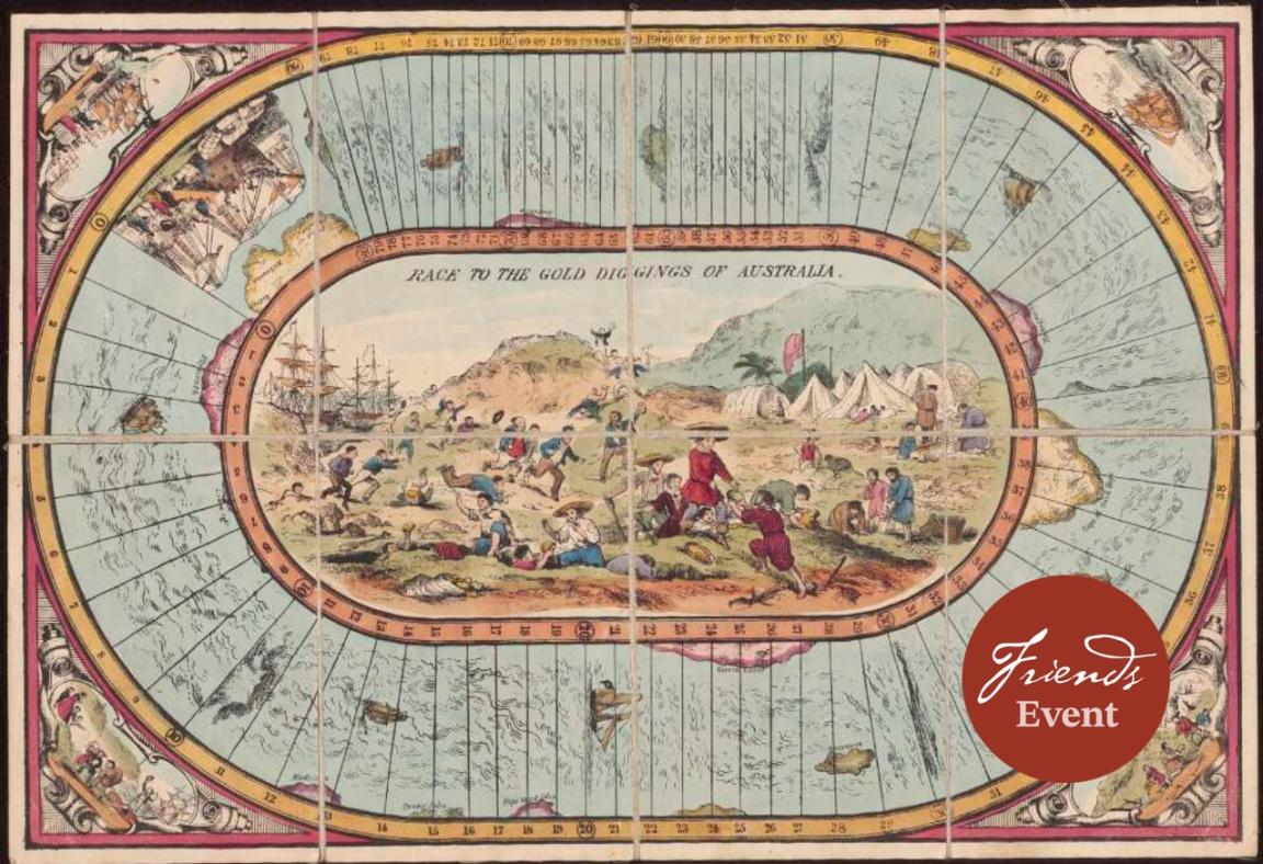 A children's board game from 1855 featuring images of people in the gold fields