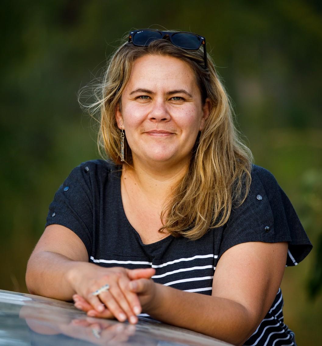 Shona Coyne wearing a navy and white striped shirt