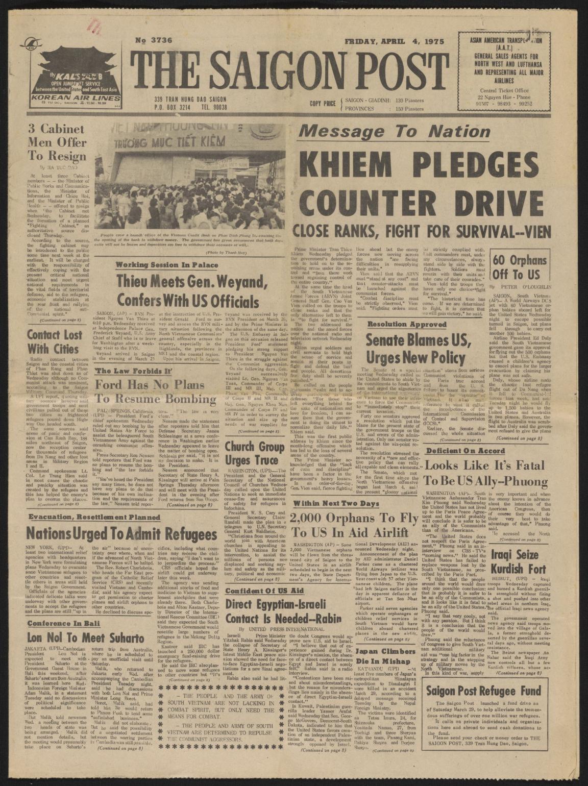 Black and white front page of The Saigon Post from Friday 4 April 1975 featuring several printed articles.