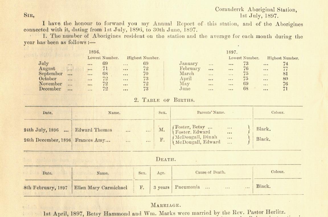 Page of typed text and tables, with information including the number of First Australians living at a station each month from July 1896 to June 1897, and details on the births, deaths and marriages that occured
