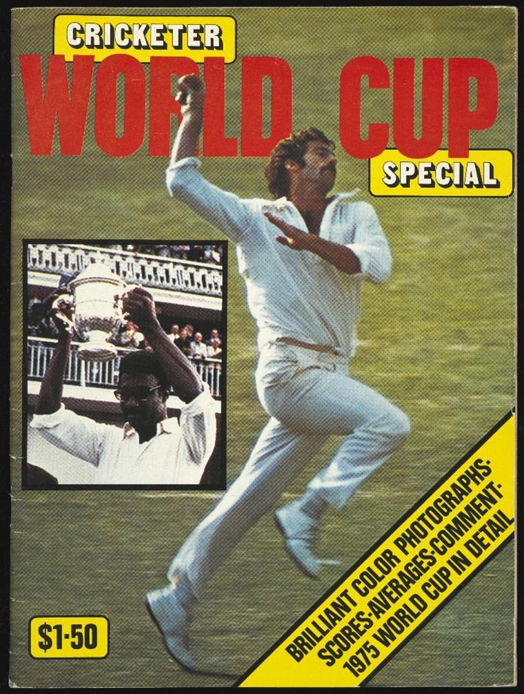The cover of ‘Cricketer World Cup special’ featuring a fast bowler mid-bowling action, and a smaller photo of a cricketer holding the Cricket World Cup.
