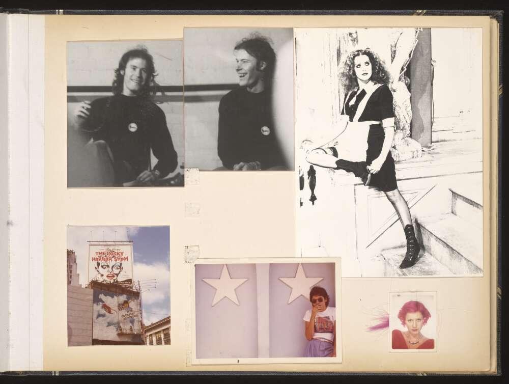 Multiple photographs, including portraits of Jim Sharman and portrait of Magenta from Rocky Horror Picture Show pasted onto a single page in a visual diary