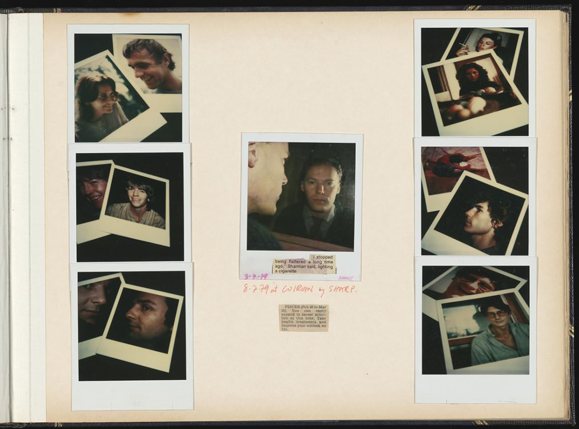 Collage with photos of Polaroid photos and newspaper clippings with quote from Jim Sharman and a horoscope