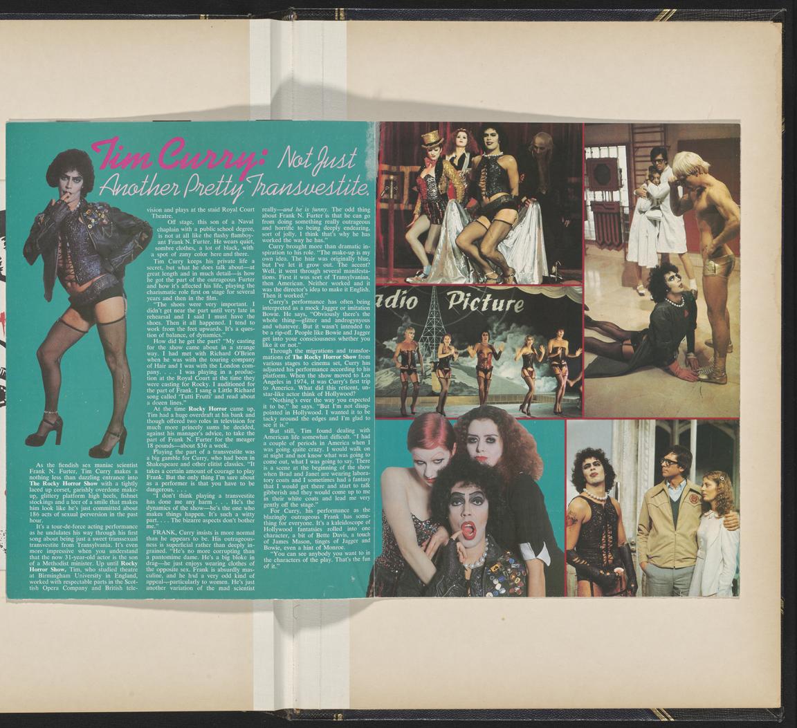 magazine spread with pictures of the rocky horror cast and an article about Tim Curry