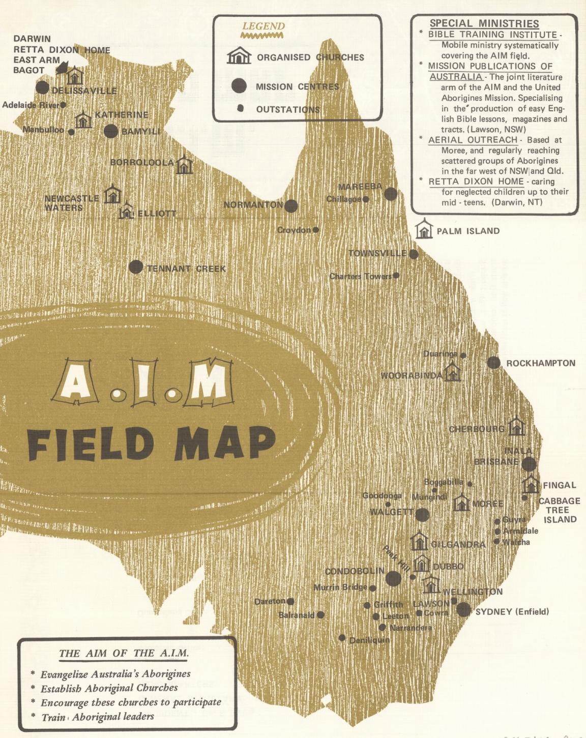 Map of eastern Australia noting where there are organised churches, mission centres and outstations