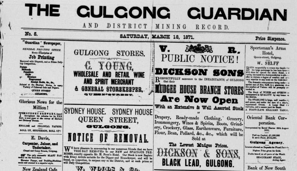 Front page of 1871 edition of 'Gulgong guardian and district mining record'