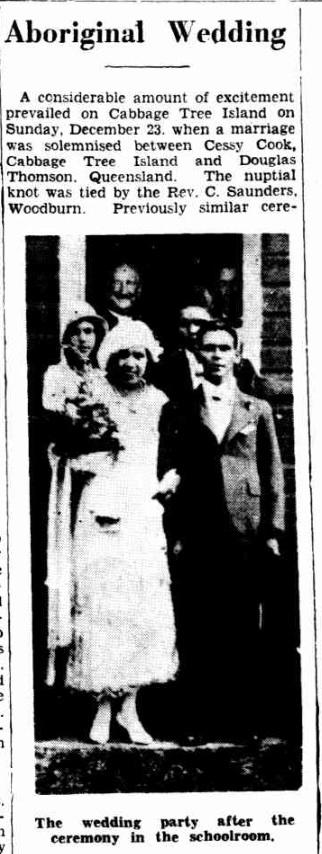 Newspaper article titled 'Aboriginal Wedding' which features a black and white photo of the newlyweds and a description of the ceremony